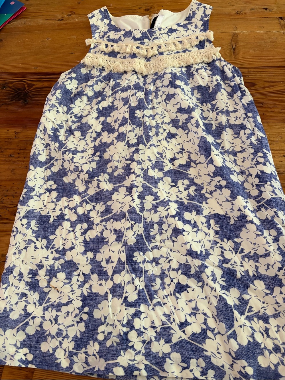Kensie Blue and White Floral A-Line Skirt with Crochet Detail